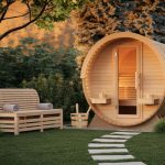 backyard barrel sauna with a bench