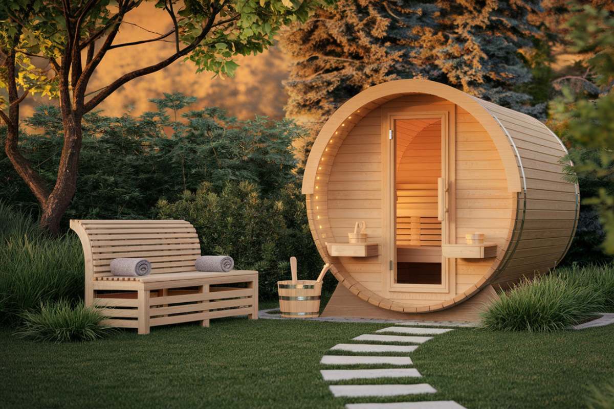 backyard barrel sauna with a bench