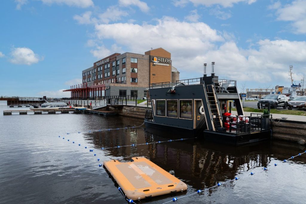 floating barge sauna in lake superior