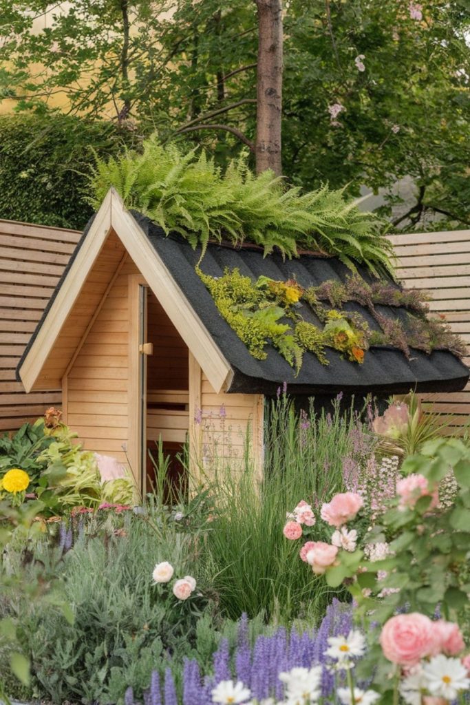 garden sauna with living roof