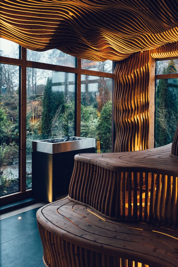 beautiful sauna interior with glass walls