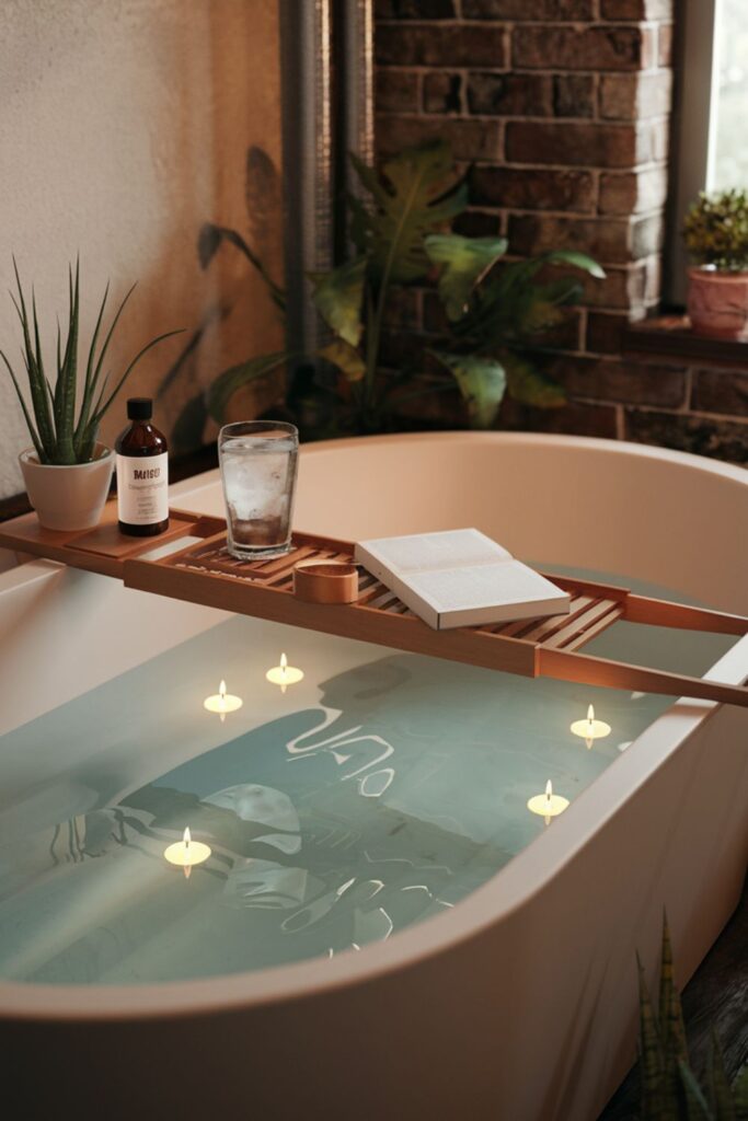 hot bathtub with a book and plants