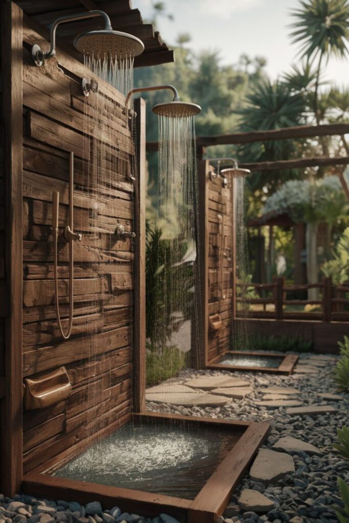 rustic showers at a hot springs resort