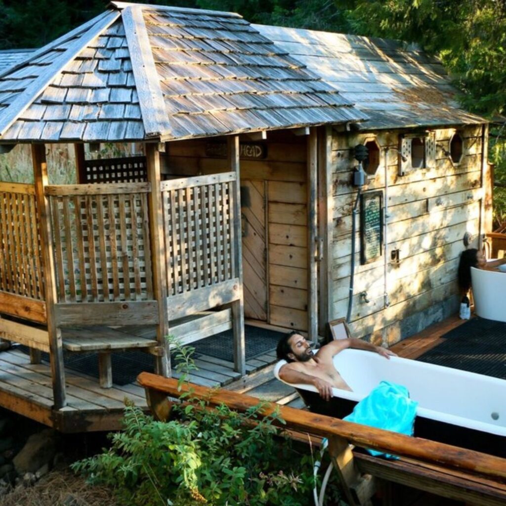 steam sauna and a man in a tub