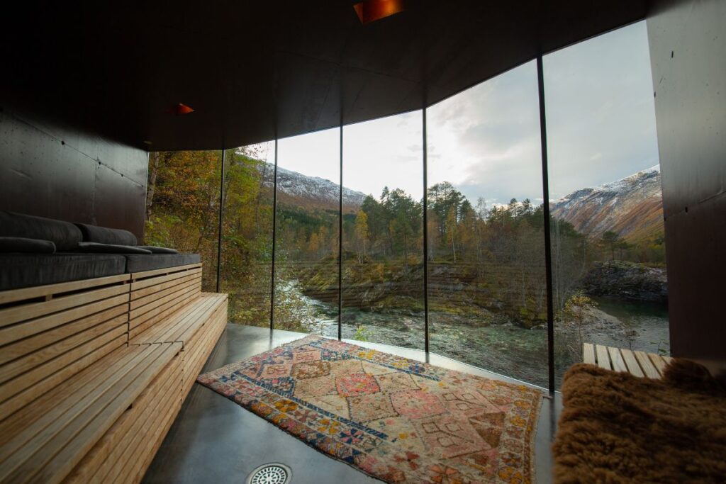 sauna looking out at mountains